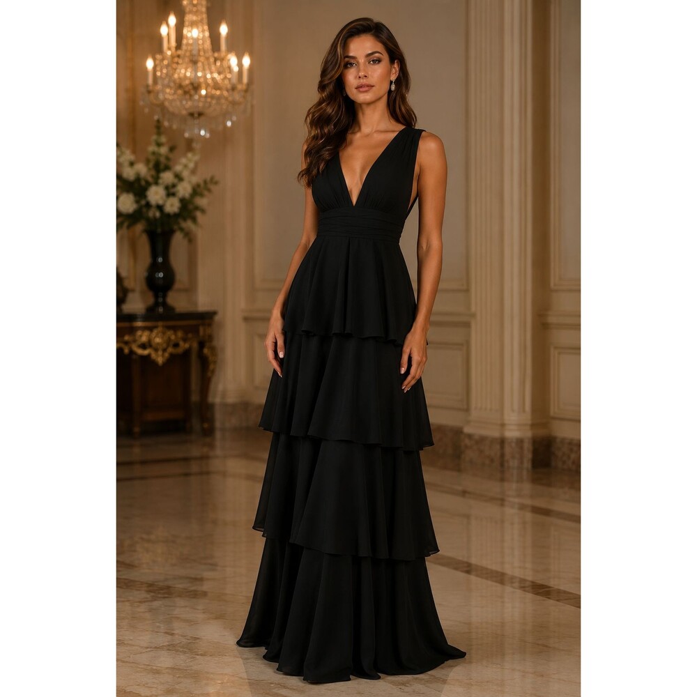 LULUS Amazing Evening Tiered Maxi Dress M Black Chiffon Dbl Deep V-Neck NWT B83